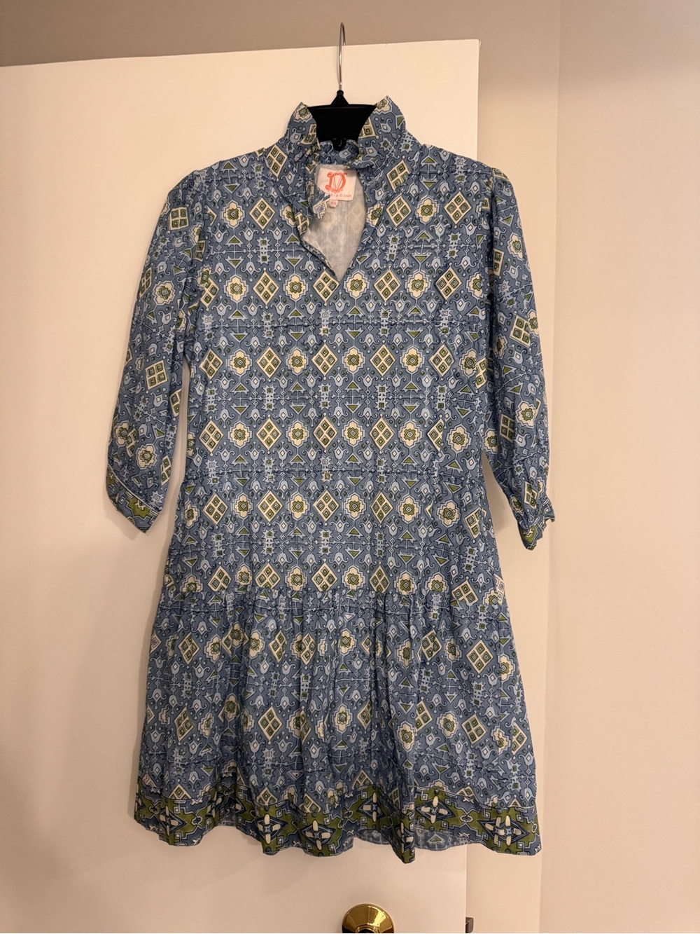 Victoria Dunn Blue Patterned Mini Dress with Green Accents